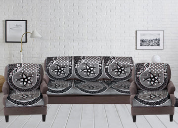 Nendle Damask Design Concept Sofa Set Covers 5 Seater with 80% Cotton & 20% Jute (Black & White, Pack of 6)
